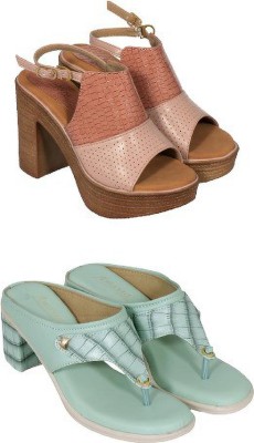 Amayra Collections Women Green, Pink Heels