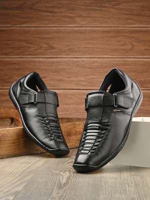 Hitz Black Leather Shoe Style Sandals with Velcro Closure Men Casual(Black , 7)