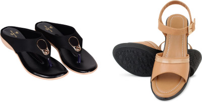 PMS Women Wedges(Beige, Black , 8)