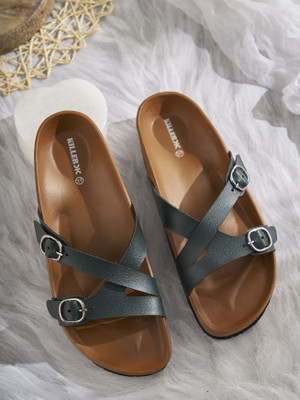KILLER Stylish Dual Strap Buckle Design Women Flats(Green , 3)
