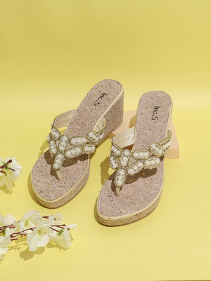 Inc.5 Ethnic Embellished Round Toe Wedge Heel Sandals Women Heels(Gold , 8)