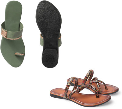 Arkfoot Women Flats(Green, Brown , 6)