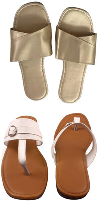 Goraiya Women Flats(Gold, White , 8)