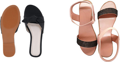 PMS Women Wedges(Black, Pink , 7)