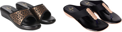 PMS Women Wedges(Black, Gold , 8)