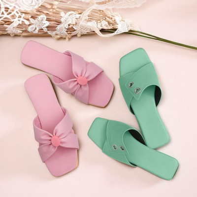 Shoebration Women Flats(Pink, Green , 5)