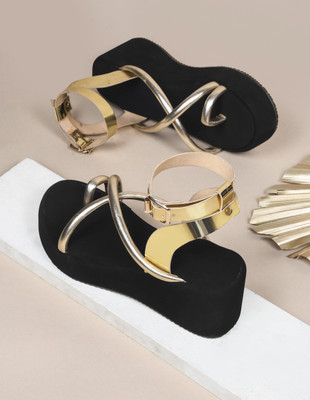 TRYME Women Heels(Gold, Black , 8)