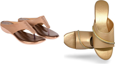 PMS Women Wedges(Brown, Beige , 4)