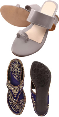 Goraiya Women Flats(Grey, Blue, Gold , 9)