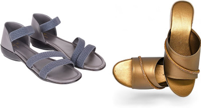 PMS Women Wedges(Grey, Gold , 7)