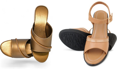 PMS Women Wedges(Beige, Gold , 3)
