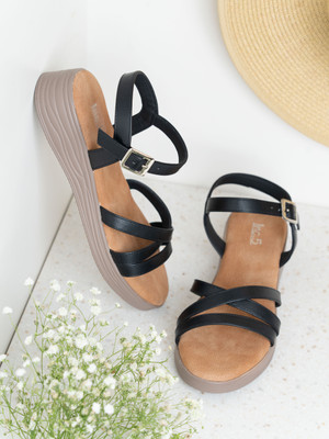 Inc.5 Casual Striped Round Toe Sandals Women Heels(Black , 5)