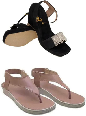 mp collection Women Heels(Black, Pink , 5)