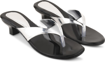 KOMOPT Women Heels(Silver, Black , 7)