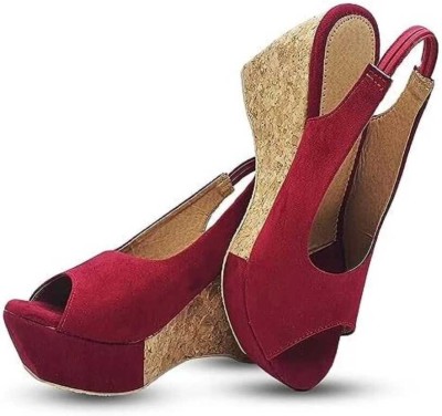 JEEVASHI Women Wedges(Red , 6)