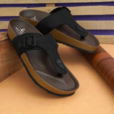 Nico Nerini Classic Black Buckle Strap Flip-Flop Sandals for Men Men Sandals(Black , 10)