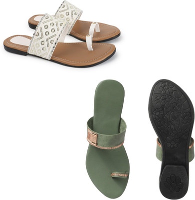 Arkfoot Women Flats(White, Green , 8)