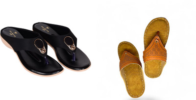 PMS Women Wedges(Black, Brown , 4)