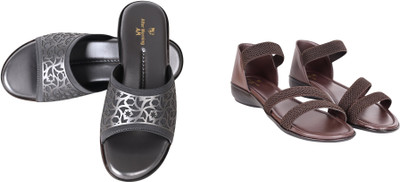 PMS Women Wedges(Brown, Black , 4)