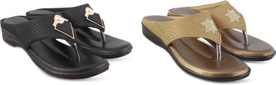 hunyza footwear Women Flats(Black, Gold , 8)
