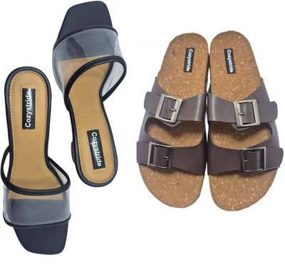 Cozystride Women Heels(Brown, Black , 6)