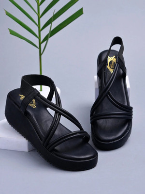 SHOETOPIA Women Wedges(Black , 8)