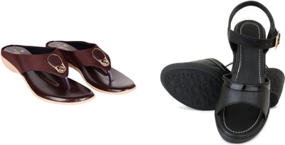 PMS Women Wedges(Black, Maroon , 6)