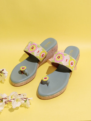 Inc.5 Ethnic Embellished Round Toe Wedge Heel Sandals Women Heels(Green , 8)