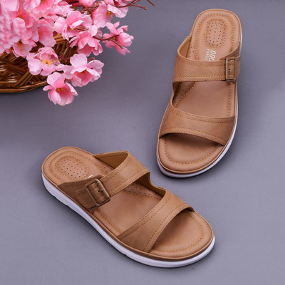 DOCTOR EXTRA SOFT Flat Memory Foam Synthetic Slip-on Sandals with Adjustable Buckle D-631 Women Flats(Tan , 6)