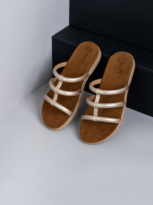 Inc.5 Casual Striped Open Toe Flat Slip-On Sandals Women Flats(Gold , 3)