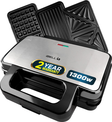 iBELL SM3010M 3-in-1 Sandwich Maker, 1300W, Auto-Temp Control, Detachable Plates for Toast, Grill, Waffle(Black, Silver)