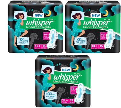 Whisper ULTRA bindazzZ nights XL+ 317 mm - 15x3 Pcs Sanitary Pad(Pack of 3)