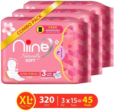 niine Naturally Soft Ultra Thin XL+ SUPER SAVER PACK, Sanitary Napkins with Free Biodegradable Disposal Bags Inside (Pack of 3), 45 Pads Count Sanitary Pad(Pack of 45)