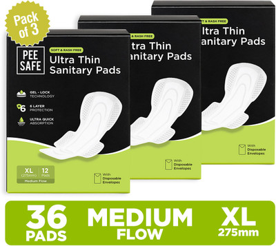 Pee Safe Ultra Thin Sanitary Pad for Women XL Cottony Soft Dual Wings Rash Free Periods Sanitary Pad(Pack of 36)