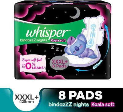 Whisper Bindazzz Nights Koala Soft Sanitary Pads - XXXL Plus 8 ( pack Of 1 ) Sanitary Pad