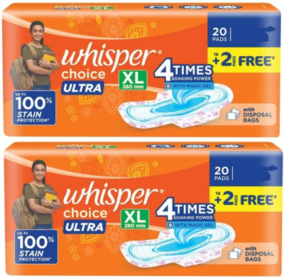Whisper choice ultra XL with Wings 280 mm, 20+20 Sanitary Pad(Pack of 2)