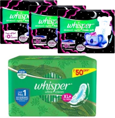 Whisper bindazzz night xxxl 4+4+4+ ultra clean xl 30 pads 42 Sanitary Pad(Pack of 4)