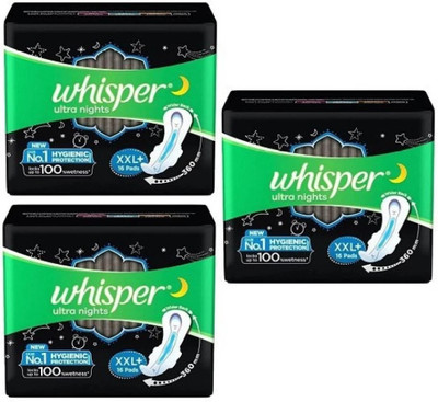 Whisper Ultra Night Sanitary Pads for Women XXL+ 16+16+16 Napkins Sanitary Pad (Pack of 3)