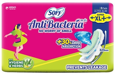 SOFY AntiBacteria 6 Pads XL+ 323mm with Deep Absorption Sanitary Pad(Pack of 6)