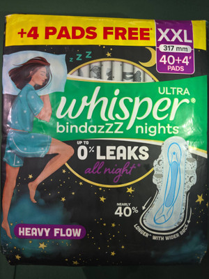 Whisper bindazzz ultra all night heavy flow 0 leaks 44 pcs pkt ddee 164 Sanitary Pad(Pack of 44)