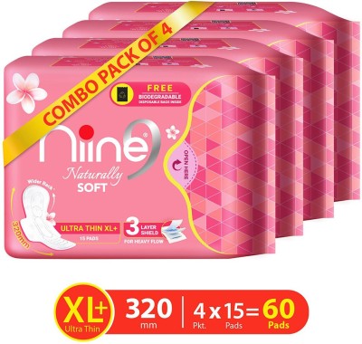 niine Naturally Soft Ultra Thin XL+ SUPER SAVER PACK, Sanitary Napkins with Free Biodegradable Disposal Bags Inside (Pack of 4), 60 Pads Count Sanitary Pad(Pack of 60)