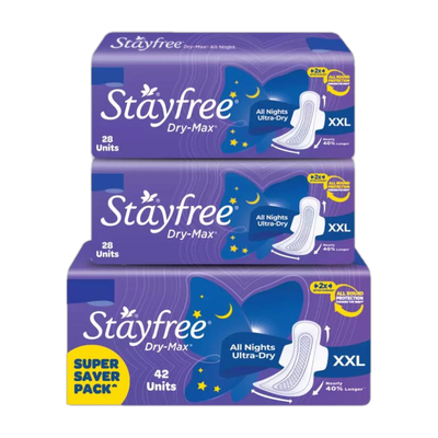 STAYFREE Dry-Max All Nights| All round protection through the night| 2x better coverage Sanitary Pad(Pack of 98)
