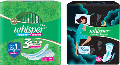 Whisper Ultra Clean 50s plus NightsXL 44s (Day and Night Pack) Sanitary Pad(Pack of 94)