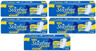 STAYFREE Secure Cottony Soft Regular Sanitary Pad Whith Wings 230 mm - 6+6+6+6+6 Sanitary Pad(Pack of 5)