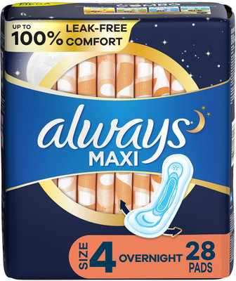 Always Maxi Feminine Pads for Women, Size 4 Overnight Absorbency Without Wings 28 Count Sanitary Pad