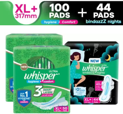 Whisper Combo of Ultra Clean and Bindazz Nights XL+ for Women Sanitary Pad (Pack of 144) Sanitary Pad(Pack of 144)