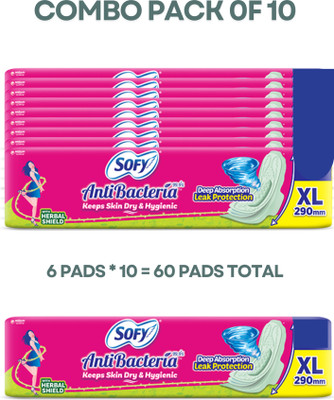 SOFY Antibacteria XL 290 mm – Combo Pack of 10 (6 Pads Each) – Total 60 Pads Sanitary Pad(Pack of 60)