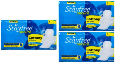 STAYFREE Secure Cottony Soft Cover Regular With Wings 18+18+18 Pads Sanitary Pad(Pack of 3)