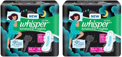 Whisper Bindazzz Nights Sanitary Pads for Women Ultra XL Plus - 15+15 Pads Sanitary Pad(Pack of 2)