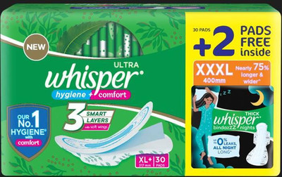 Whisper Ultra XL+30 Sanitary Pads with 2 pads of ON XXXL free Sanitary Pad(Pack of 32)